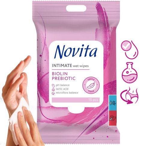 NOVITA Chusteczki nawilżane intymne Biolin prebiotyk 15 sztuk NOVITA Chusteczki nawilżane intymne Biolin prebiotyk 15 sztuk