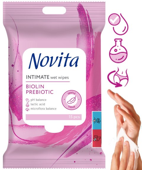 NOVITA Chusteczki nawilżane intymne Biolin prebiotyk 15 sztuk NOVITA Chusteczki nawilżane intymne Biolin prebiotyk 15 sztuk