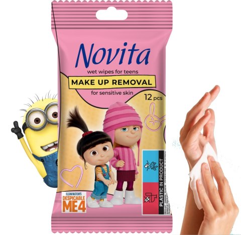 NOVITA Minionki Chusteczki nawilżane do demakijażu dla nastolatków, 12 szt. NOVITA Minionki Chusteczki nawilżane do demakijażu dla nastolatków, 12 szt.
