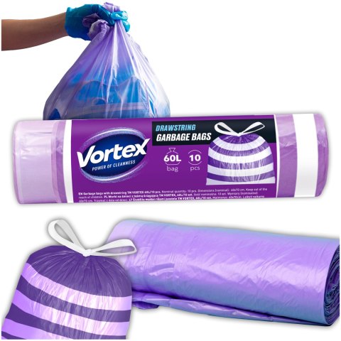 VORTEX Worki na śmieci z taśmą ściągającą HDPE 60X65CM fioletowo białe 60l/10 sztuk VORTEX Worki na śmieci z taśmą ściągającą HDPE 60X65CM fioletowo białe 60l/10 sztuk