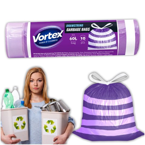 VORTEX Worki na śmieci z taśmą ściągającą HDPE 60X65CM fioletowo białe 60l/10 sztuk VORTEX Worki na śmieci z taśmą ściągającą HDPE 60X65CM fioletowo białe 60l/10 sztuk