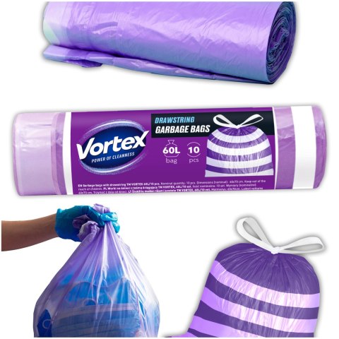 VORTEX Worki na śmieci z taśmą ściągającą HDPE 60X65CM fioletowo białe 60l/10 sztuk VORTEX Worki na śmieci z taśmą ściągającą HDPE 60X65CM fioletowo białe 60l/10 sztuk