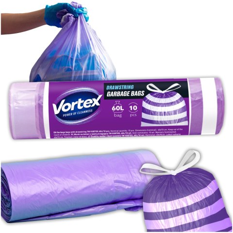 VORTEX Worki na śmieci z taśmą ściągającą HDPE 60X65CM fioletowo białe 60l/10 sztuk VORTEX Worki na śmieci z taśmą ściągającą HDPE 60X65CM fioletowo białe 60l/10 sztuk