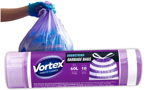 VORTEX Worki na śmieci z taśmą ściągającą HDPE 60X65CM fioletowo białe 60l/10 sztuk VORTEX Worki na śmieci z taśmą ściągającą HDPE 60X65CM fioletowo białe 60l/10 sztuk