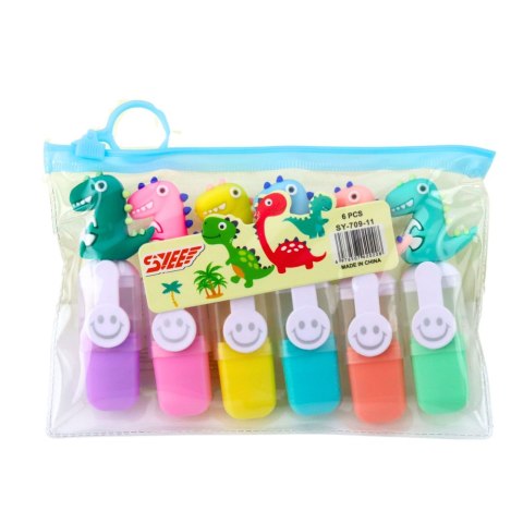 Zestaw Mini Zakreślacze Z Dinozaurem W Etui Kolorowe 6szt 8cm Zestaw Mini Zakreślacze Z Dinozaurem W Etui Kolorowe 6szt 8cm