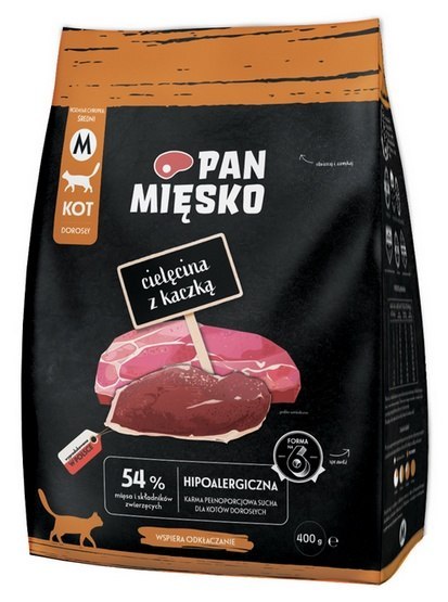 Pan Mięsko Karma sucha dla kota - cielęcina i kaczka chrupki M 400g